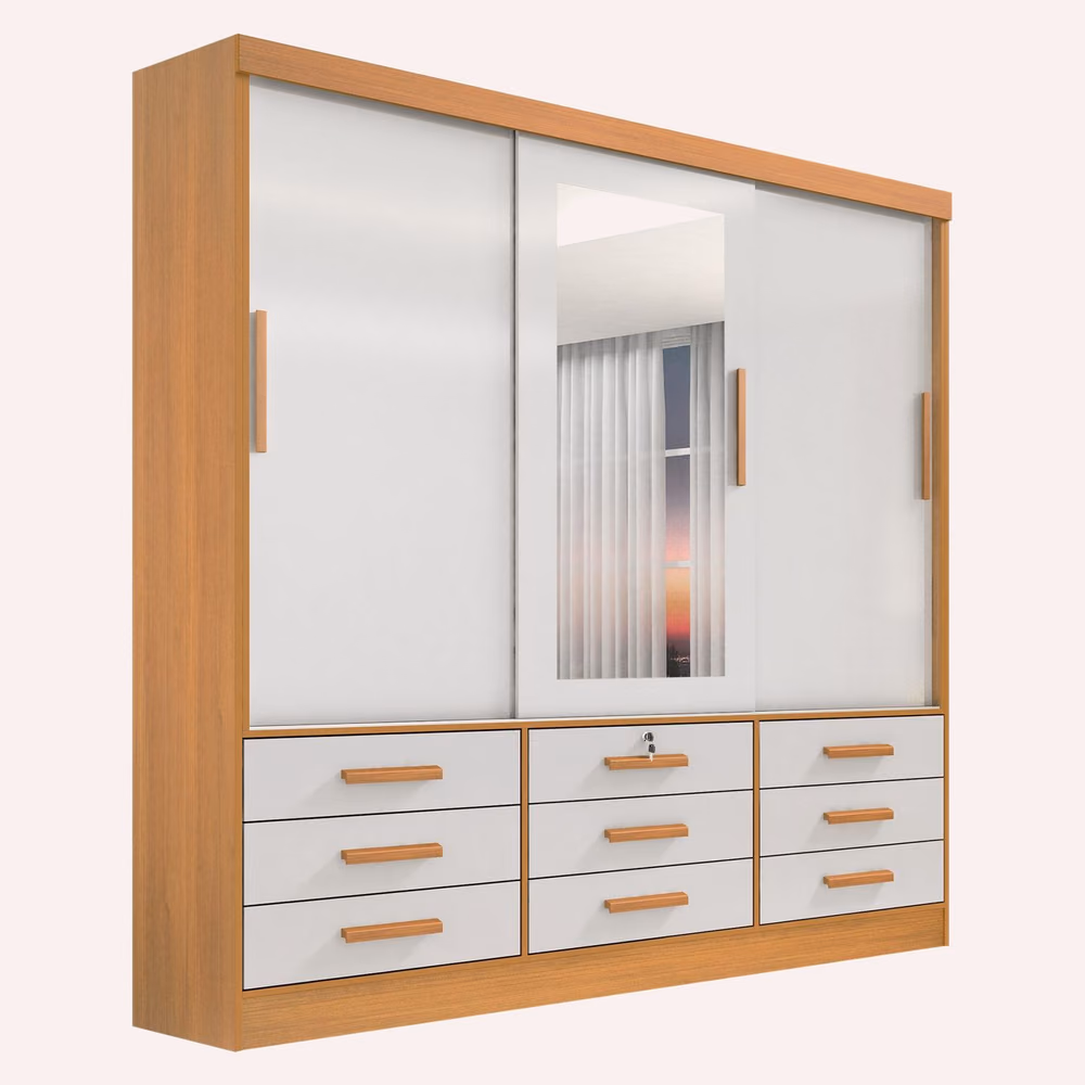Roupeiro Meridian Plus 3 Portas de correr, acabamento cinamomo com off white